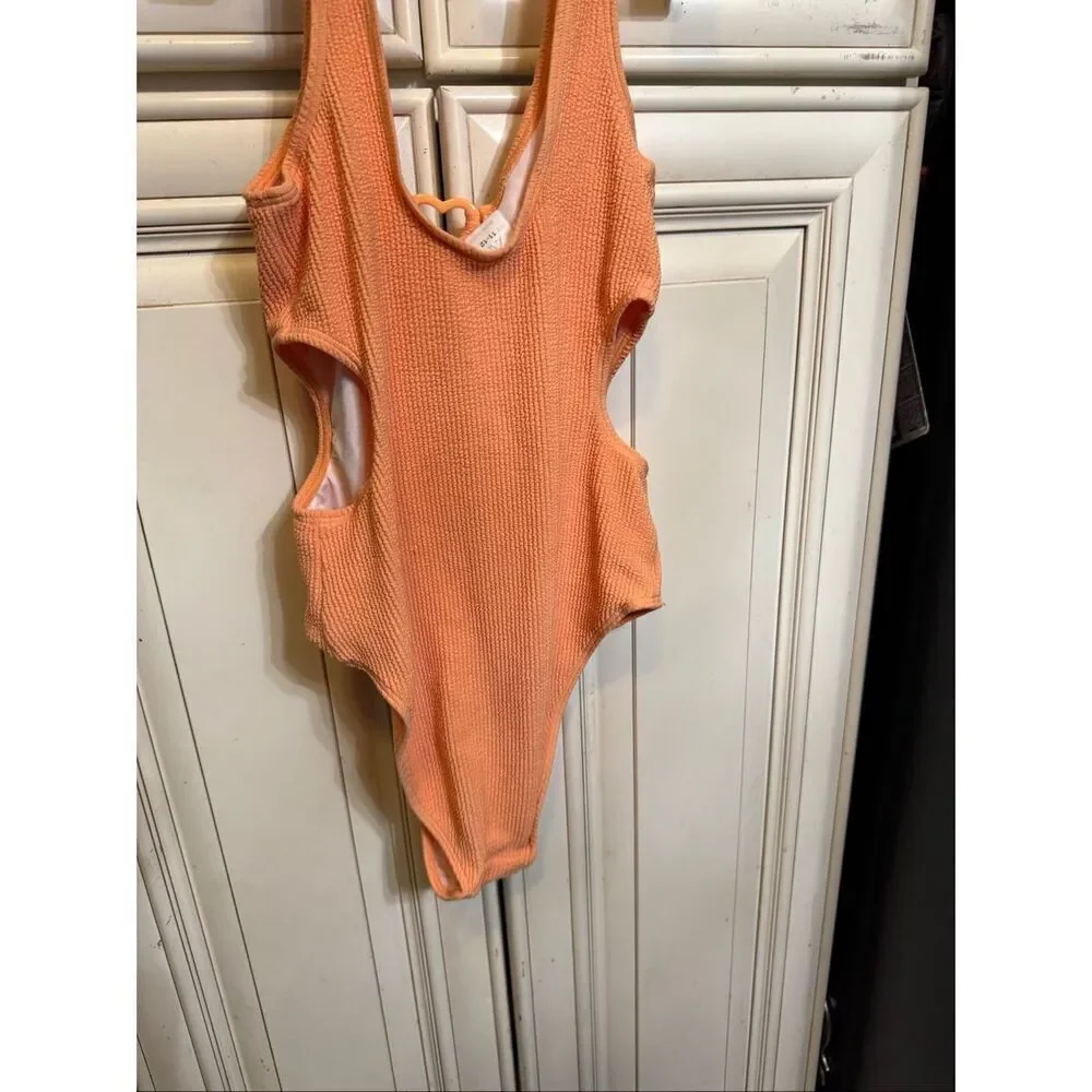 Zara Girls Crinkle Textured Cutout Side One-Piece Swimsuit Orange Size 11-12